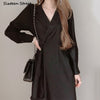 Black Pleated Dresses for Women Fall 2022 Long-sleeve Elegant One Button Maxi Vestido Party Dresses Korean Irregular Clothing