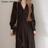 Black Pleated Dresses for Women Fall 2022 Long-sleeve Elegant One Button Maxi Vestido Party Dresses Korean Irregular Clothing