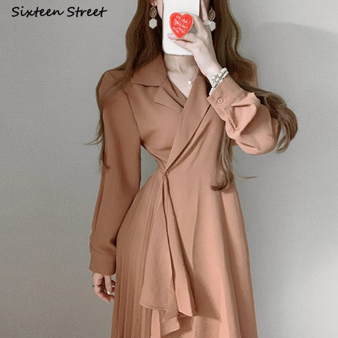 Black Pleated Dresses for Women Fall 2022 Long-sleeve Elegant One Button Maxi Vestido Party Dresses Korean Irregular Clothing