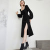 Black Retro Split Dress Women Elegant Midi Designer Dress Female Long Sleeve Hepburn Style Chiffon Vintage Dress Fall 2022 Women