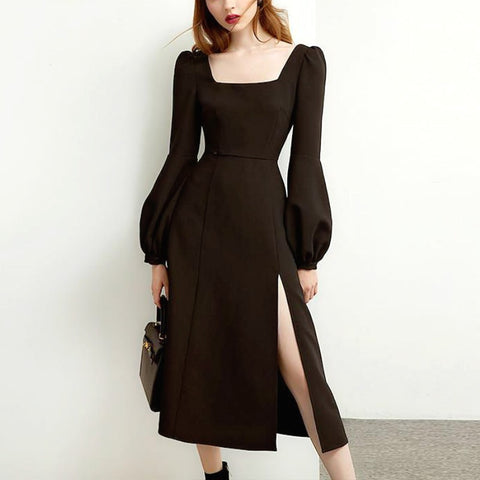 Black Retro Split Dress Women Elegant Midi Designer Dress Female Long Sleeve Hepburn Style Chiffon Vintage Dress Fall 2022 Women