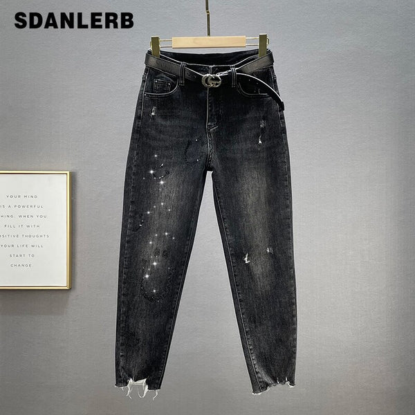Black Rhinestone Jeans for Women Baggy Pants 2022 Autumn Winter High Waist Loose Slimming Harem Denim Trousers