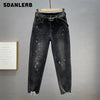 Black Rhinestone Jeans for Women Baggy Pants 2022 Autumn Winter High Waist Loose Slimming Harem Denim Trousers