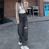 Black Ripped Hole Wide-Leg Jeans High Street Korean Trendy Denim Women'S Pants Loose High Waist Streetwear Straight-Leg Trousers