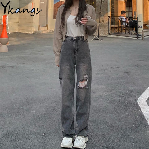Black Ripped Hole Wide-Leg Jeans High Street Korean Trendy Denim Women'S Pants Loose High Waist Streetwear Straight-Leg Trousers