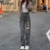Black Ripped Hole Wide-Leg Jeans High Street Korean Trendy Denim Women'S Pants Loose High Waist Streetwear Straight-Leg Trousers