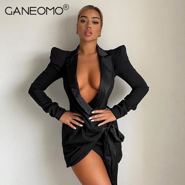 Black Sexy Long Sleeve Bodycon Mini Dress for Women Autumn 2023 Elegant Lace Up Blazer Dresses Party Evening Tight Short Dress