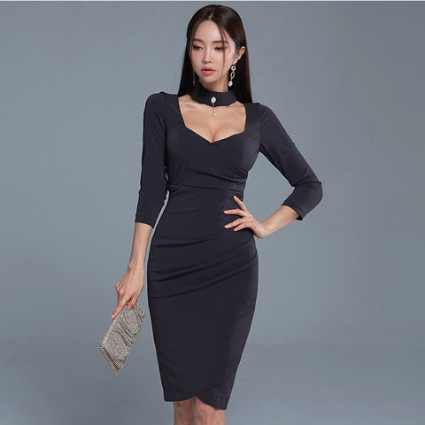 Black Sexy one piece korean ladies half SLeeve V neck Midi Bodycon party Dresss for women clothing