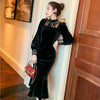 Black Slim Velvet Dress Women Party 2022 Autumn Long Sleeve Lace Vintage Midi Dress Office Ladies Elegant One Piece Dress Korean
