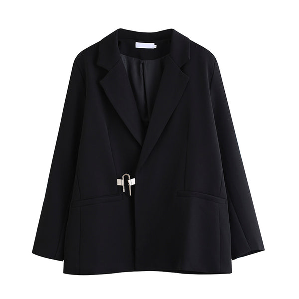 Black Suit Jacket Female Autumn Winter Design Sense Niche Loose All-match Office Style Women's Suits Coat Metal Decoration