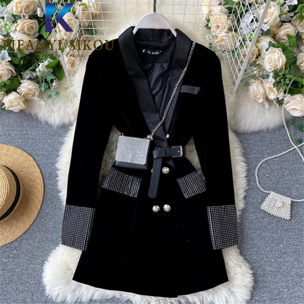 Black Velvet Blazer Jacket Women Shoulder Bag Decoration Diamonds Suit Jacket Autumn Winter Womens Formal Blazers Coat