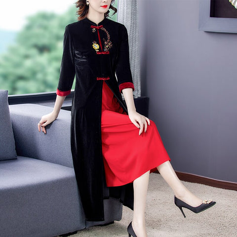 Black Velvet Floral Embroidery Fake Two Piece Evening Vestidos Autumn Vintage 3XL Plus Size Elegant Bodycon Feast Midi Dresses