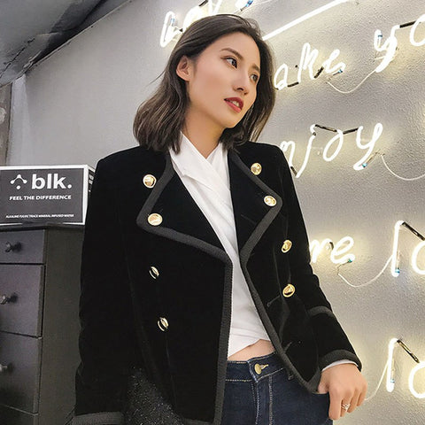 Black Velvet Jacket Blazer Women Plus Size Vintage Double Breasted Coat Woman Blazer Slim Casaco Feminino Ladies Coats