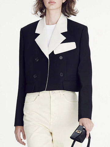 Black / White Contrast Short Suit Jacket Women 2023 Spring Autumn V Neck Double-breasted Top+Pants