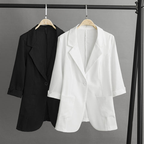 Black White Cotton linen Blazer Coat Women 2023 Spring Autumn Profession Slim Blazers 4XL Thin Casual Female Suit Jackets