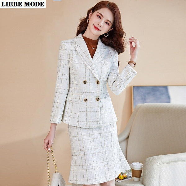 Black White Plaid Formal Women Autumn Winter Business Office Suit with Skirt and Jacket Coat Ol Styles Professional Blazer Set