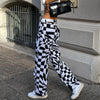 Black White Plaid Print Jeans Women Y2K Harajuku Straight Pants High Waist Vintage Trousers Denim Cargo Pants Streetwear