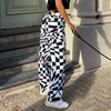 Black White Plaid Print Jeans Women Y2K Harajuku Straight Pants High Waist Vintage Trousers Denim Cargo Pants Streetwear