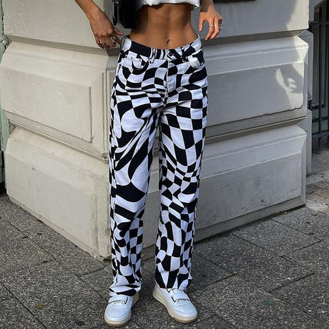 Black White Plaid Print Jeans Women Y2K Harajuku Straight Pants High Waist Vintage Trousers Denim Cargo Pants Streetwear