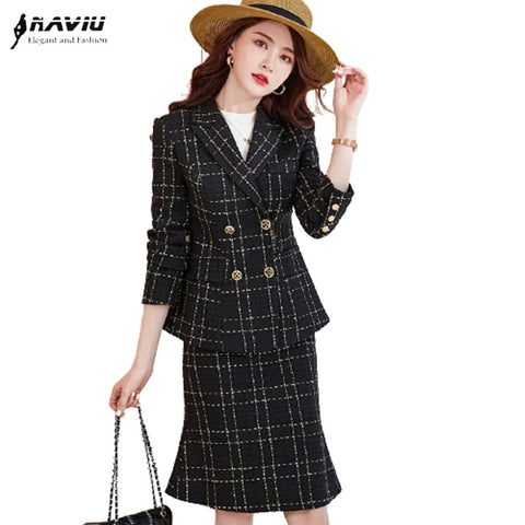 Black White Plaid Suits 2023 Autumn High End Professional Formal Slim Blazer And Skirt Office Ladies Work Wear