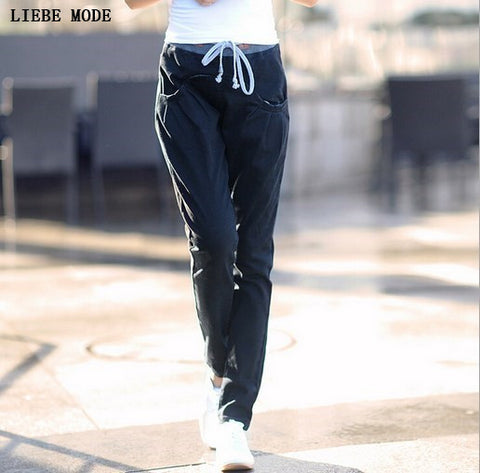 Black White Red Jeans Women Denim Pants Drawstring Waist Jogger Pants Casual Trousers Fashion Pencil Harem Pants Jeans Female