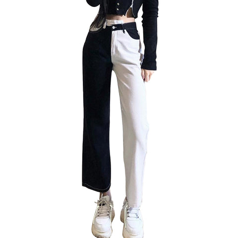 Black White Skinny Pencil Jeans for Women Patchwork Casual Long Trousers Ladies Vintage Denim Pants Capris Y2K Pocket