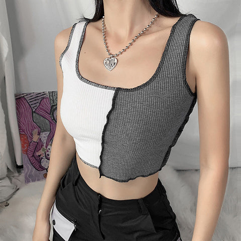 Black White Splicing Pure Cotton Camisole Female Corset Elastic Casual Slim Vest Sleeveless Sling Hirakuchi Summer Tank Tops