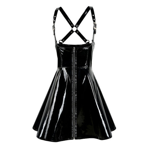Black crisscross back PVC leather A line dress adjustable shoulder straps nightclub PVC dress shiny leather pole-dancing dress