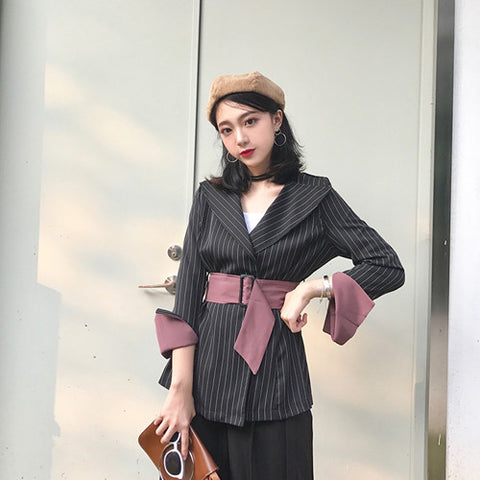 Blaser Femenino Striped Blazers New Fashion Double Breasted  Slim Blazers Coat Women Belt Long Sleeve Suit Jacket Outerwear