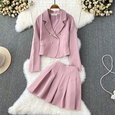 Blazer And Pleated Skirt Set 2023 Woman Pink Suits Temperament Double Breasted Jacket Two-Piece High Waist Skirt T596