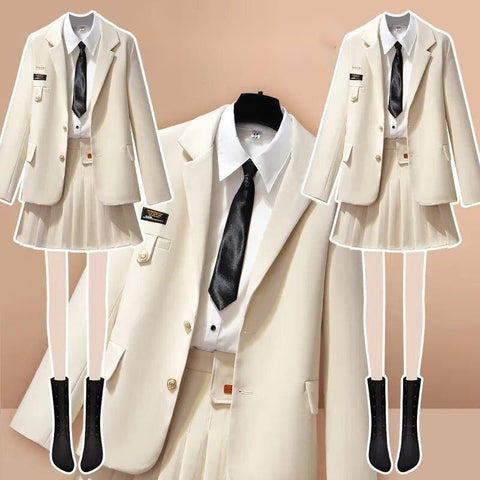Blazer And Skirts Women Preppy Style Notched Collar Blazer Pleated Solid Color Skirts Female Long Sleeve Shirt Slim Fitting Set