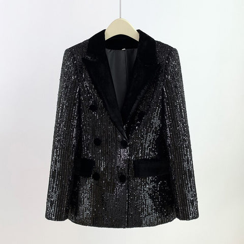Blazer Black Sequined Women Autumn Double Breasted Button Glitter Sequined Long Party Club Jacket Blazers Women 2023 Autumn