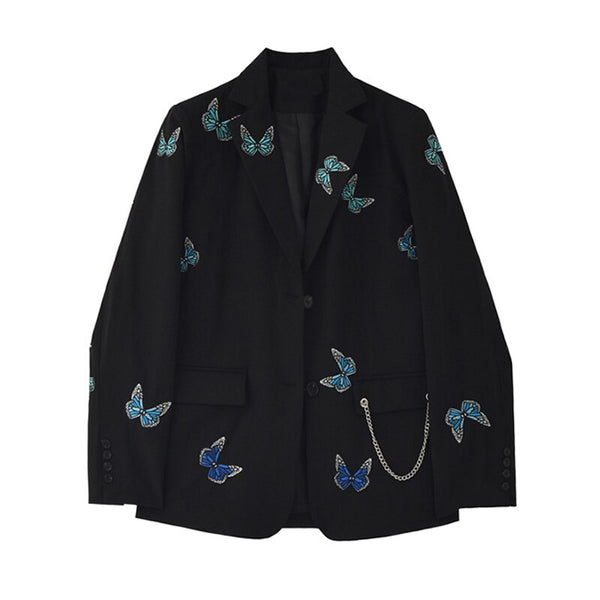 Blazer Coat Female Butterfly Embroidery Winter Women Long Sleeve Coat Vintage Gothic Casual Pockets Black Jackets Outerwear Lady