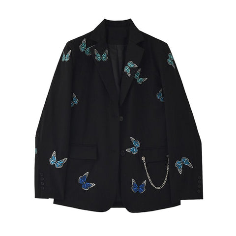 Blazer Coat Female Butterfly Embroidery Winter Women Long Sleeve Coat Vintage Gothic Casual Pockets Black Jackets Outerwear Lady