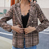 Blazer Coat Lapel Long Sleeve Plaid Print Flap Pockets Small Suit Coat Double Breasted Female Formal Office Coat Outerwear