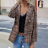 Blazer Coat Lapel Long Sleeve Plaid Print Flap Pockets Small Suit Coat Double Breasted Female Formal Office Coat Outerwear