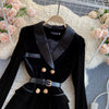 Blazer Coat Women Velvet Suit Jacket Winter Double Breasted Long Sleeve Ladies Black Blazer Belt Women Slim Suit Blazer Outwear