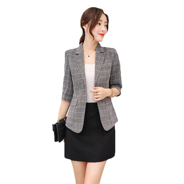 Blazer Feminino Women Plaid Blazer Casual  Slim Blazers One Button Suit Jackets Girl Office 3/4 Sleeve Outerwear z453