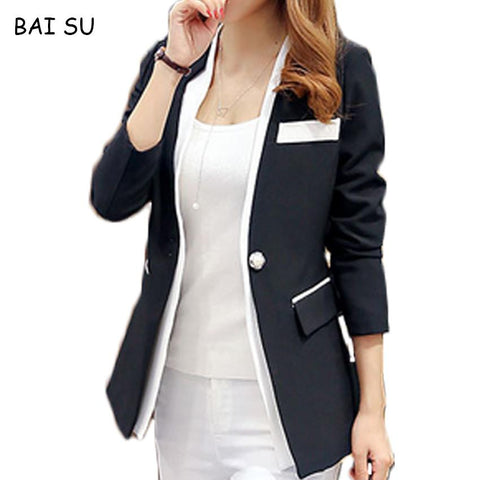 Blazer Feminino Women Single Button Blazer Long-Sleeve Slim Blazer Black and white patchwork Women Black Blazer
