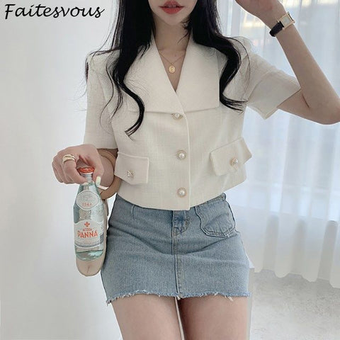 Blazer Short Women 2022 Summer Korean Loose White Jackets Office Ladies Casual Basic Short-sleeved Blazers
