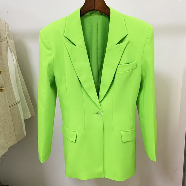 Blazer Skirt Suits Two Pieces Sets Women Widened Shrug Shoulder One Button Oversize Fluorescent Green Long Blazers Suit Dropship
