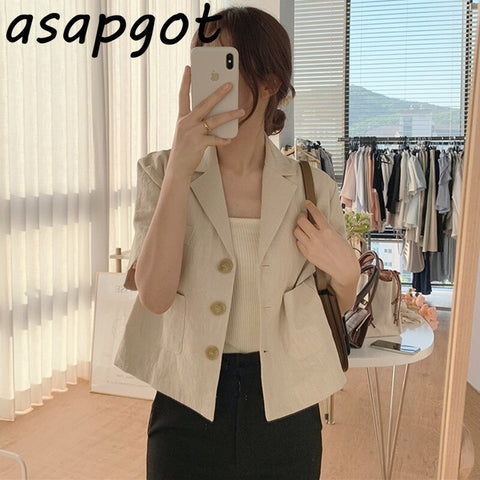 Blazer & Suits Chic Vintage Slim Temperament Single-breasted Short-sleeved Cotton and Linen Blazers Jacket Short Summer Thin