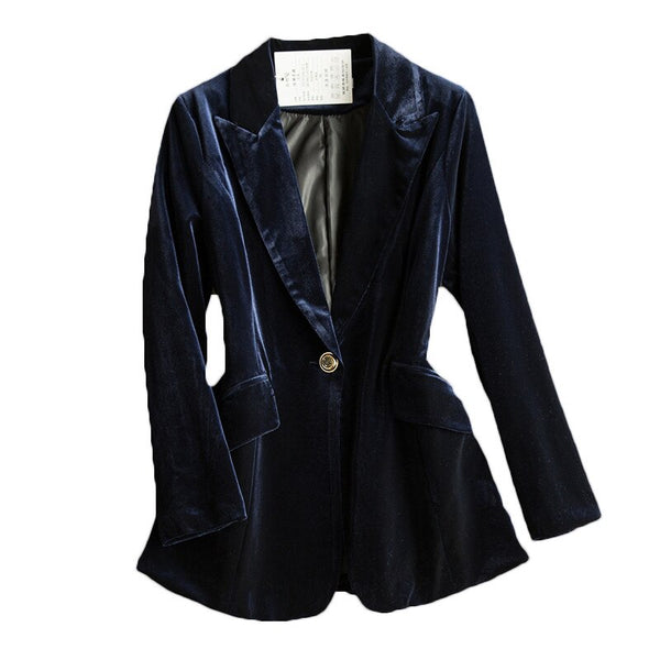 Blazer Women 2022 Slim Spring Autumn Temperament One Button Ladies Suit Jacket Gold Velvet Black Navy Coats Outewear f395