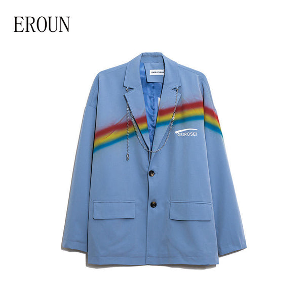 Blazer Women 2023 Spring Rainbow Print Small Suit Female Trend Cool Girl Style Loose Casual Couple Jacket Unisex +Matching Chain