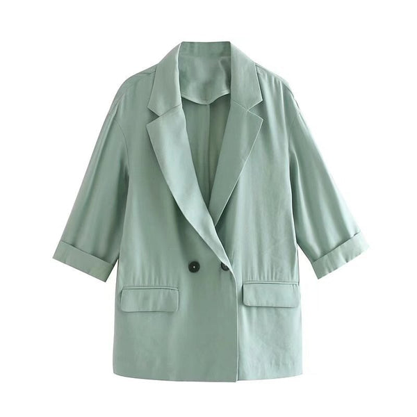Blazer Women Double Breasted Solid Jacket Casual Three Quarter Sleeve Chic Pockets Ladies Elegant Notched Coats Minimalist Tops