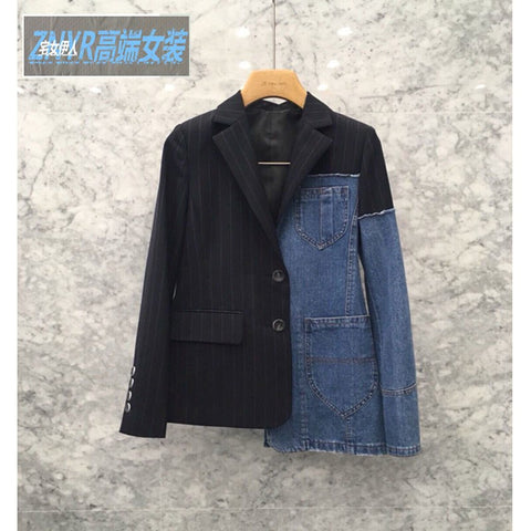 Blazer Women Jacket Denim Jeans Suit Women Blazers Long Sleeve Asymmetrical Coat Casual Striped Women Top Ladies Blazer feminino
