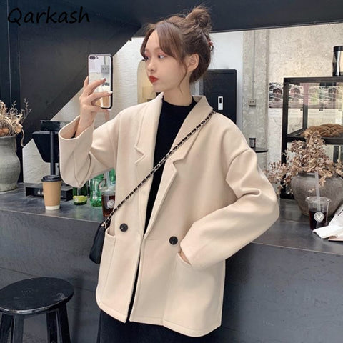 Blazer Women Notched Solid Classic Loose Leisure Office Lady Outwear Spring All-match Ulzzang Cozy Basic Elegant Vintage