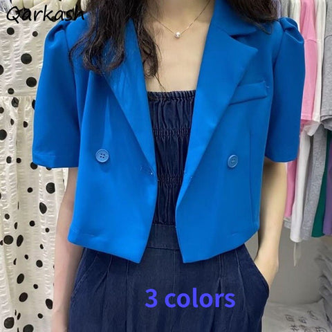 Blazer Women Simple Summer Cropped Harajuku Elegant Short Sleeve High Street 3 Colors Basic All-match Female Ulzzang Ins