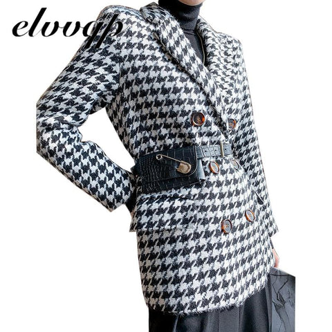 Blazer Woolen Coat Women Autumn Winter Elegant Double Breasted Plaid Thick Office Work Jacket Suit With Waist Bag LU1786