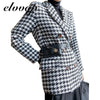 Blazer Woolen Coat Women Autumn Winter Elegant Double Breasted Plaid Thick Office Work Jacket Suit With Waist Bag LU1786